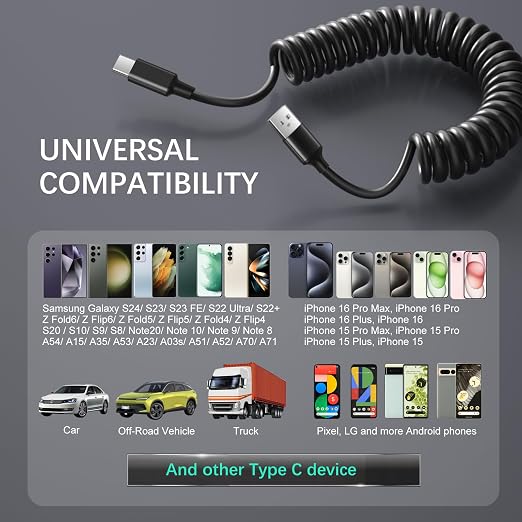 Coiled USB C Cable for Carplay 3ft, Retractable USB A to USB Type C Fast - Image 7