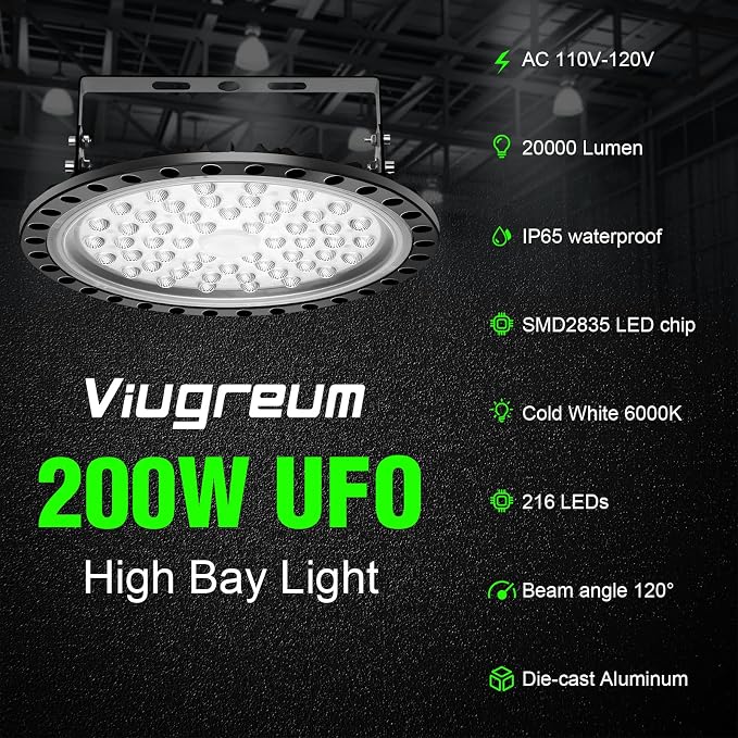 Viugreum 10 Pack 200W UFO LED High Bay Light, 20000LM 6500K Daylight White LED - Image 10