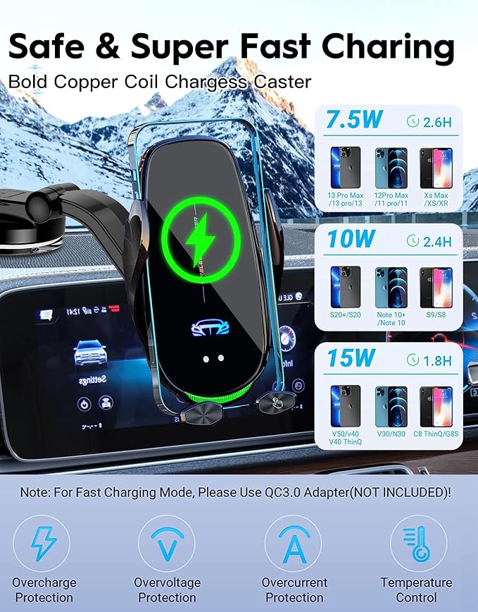 Wireless Car Charger Mount, Fast Charging Auto Clamping 15W Intelligent Dual - Image 9