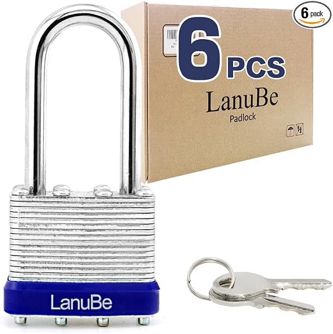 LanuBe Laminated Padlock 1-9/16 inch Long Shackle 6 Pack Keyed Alike, Bulk Locks by LanuBe