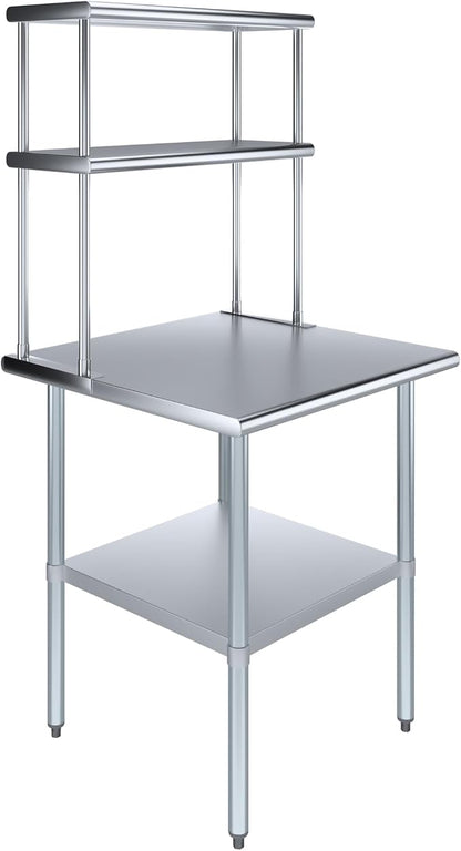 Amgood Stainless Steel Work Table Double Tier Overshelf | Metal Kitchen Prep by AmGood