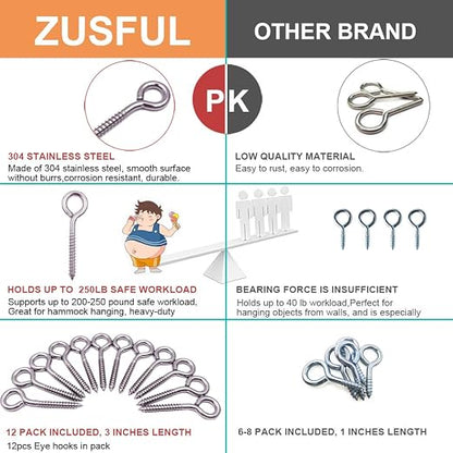 6-Pack 304 Stainless Steel Screw Eyes 3.2", Heavy Duty Screw in Eye Hooks Ring - Image 2