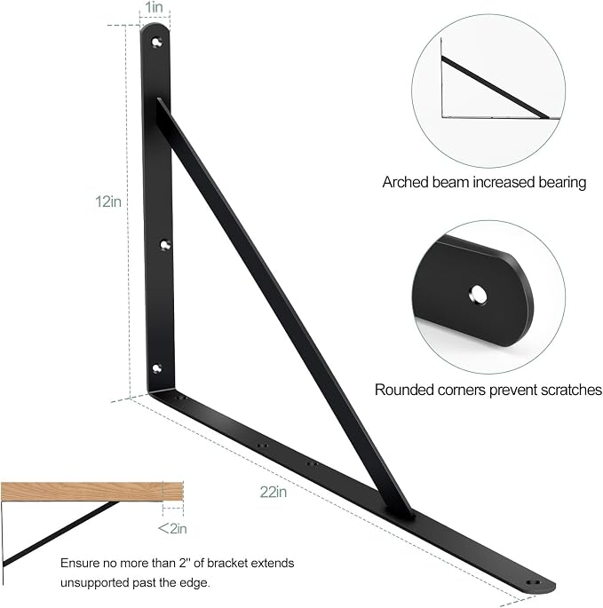 8 Pack L22 x H 12" Black Heavy Duty Shelf Brackets - Image 2