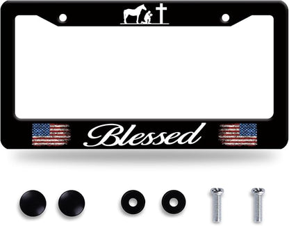 Blessed American Flag License Plate Frame Cross Pray by BRAGHRTED