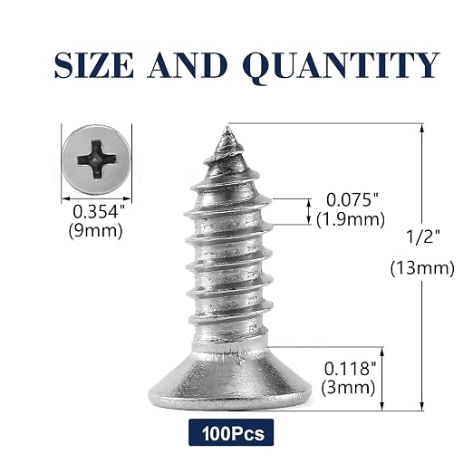 #10 x 1/2" Wood Screw 100Pcs 18-8 Stainless Steel Screws Flat Head Phillips - Image 2
