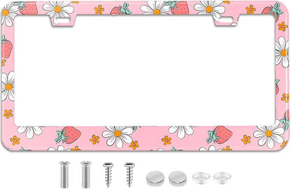 Pink Strawberry Floral License Plate Frame Stainless Steel License Plate Frames by TXWWXT