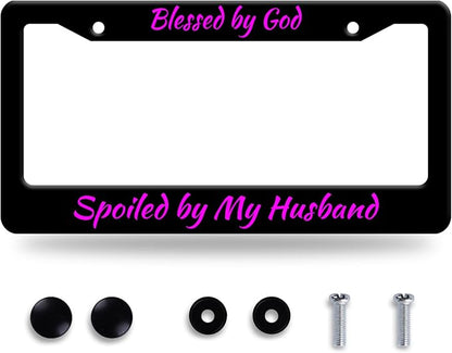 Blessed by God Spoiled by My Husband License Plate Frame Funny Texts License by GORSNKYE