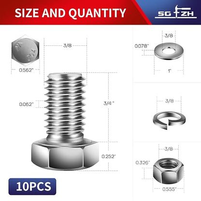 3/8-16 x 3/4" Hex Head Screw Bolt, Flat & Lock Washers, Fully Threaded - Image 2