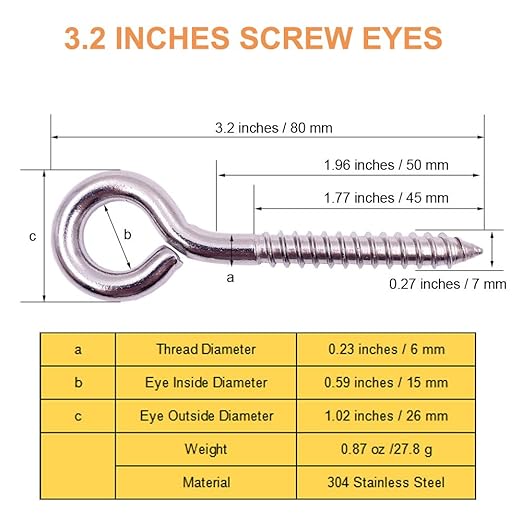 6-Pack 304 Stainless Steel Screw Eyes 3.2", Heavy Duty Screw in Eye Hooks Ring - Image 3