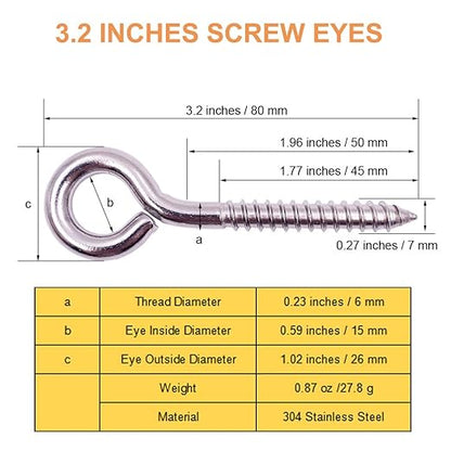 6-Pack 304 Stainless Steel Screw Eyes 3.2", Heavy Duty Screw in Eye Hooks Ring - Image 3