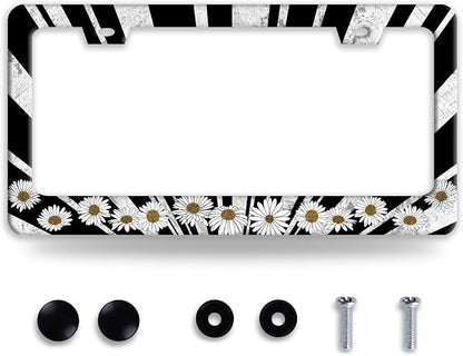 Sun License Plate Frame Black White Daisy Flowers License Plate Frames Funny by NINANMY