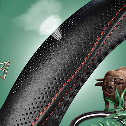 Cowhide Steering Wheel Cover Heat Resistant Anti-Slip Car Wheel Wrap Compatible - Image 2
