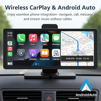 Portable Apple CarPlay & Android Auto – 10.26" Wireless Car Stereo, 4K Dash Cam - Image 2