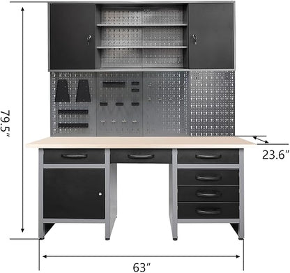 JZD Metal Storage Organization System, Wall Mount Tool Cabinet, Wood Tabletop - Image 2