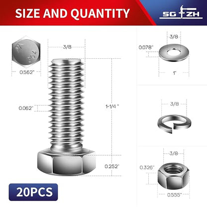 3/8-16 x 1-1/4" Hex Head Screw Bolt, Flat & Lock Washers, Fully Threaded - Image 2
