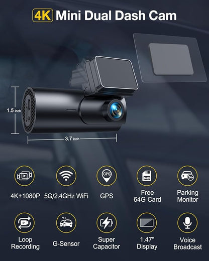 GKU Dash Cam Front and Rear Camera, 5.8GHz WiFi & GPS Dash Camera - Image 2