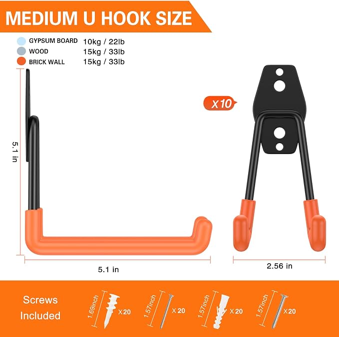 Heavy Duty Garage Hooks 10 Pack, 5.1 inch Medium U Shaped Hanger, Wall Mounted - Image 2