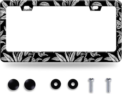 Black White Tropical Leaf License Plate Frame License Plate Stainless Steel by GORSNKYE