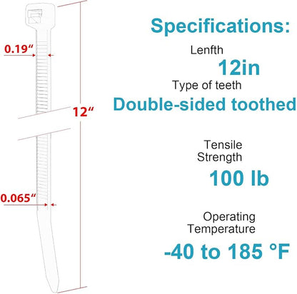 12 Inch Zip Ties Double Sided Toothed, 100 LBS Tensile Strength Heavy Duty - Image 2