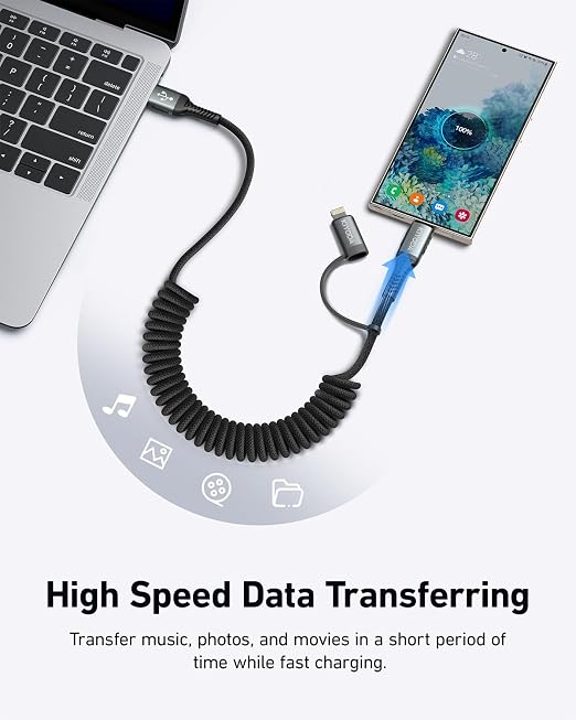 Coiled USB C to Lightning Cable 3FT, 2 in 1 iPhone 15 Charger Cord - Image 7