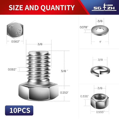 3/8-16 x 5/8" Hex Head Screw Bolt, Flat & Lock Washers, Fully Threaded - Image 2