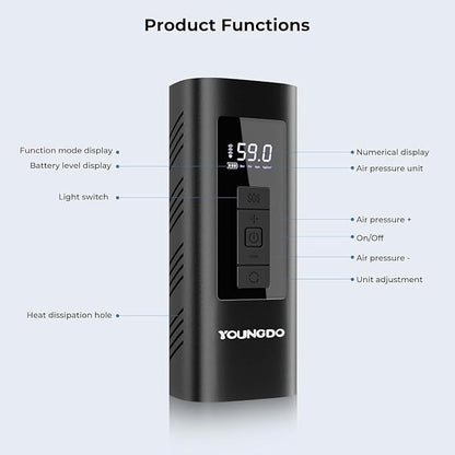 YOUNGDO Tire Inflator Portable Air Compressor, 150 PSI & 6000mAh, Tire Inflator - Image 9