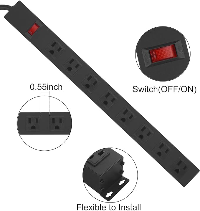 Metal 8 Outlet Mountable Power Strip, Wall Mount Outlet Heavy Duty, Wide Spaced - Image 3