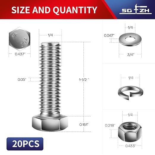 1/4-20 x 1-1/2" Hex Head Screw Bolt, Flat & Lock Washers, Fully Threaded - Image 2