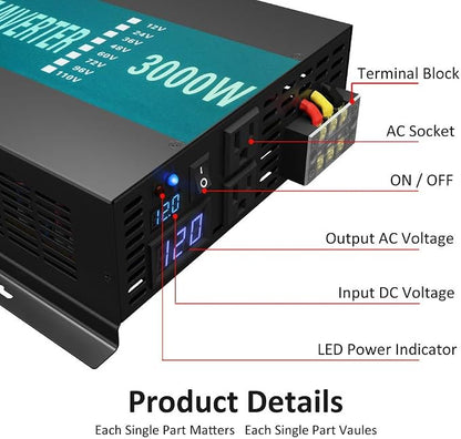 WZRELB 3000W 12V Pure Sine Wave Solar Power Inverter DC AC Converter - Image 2
