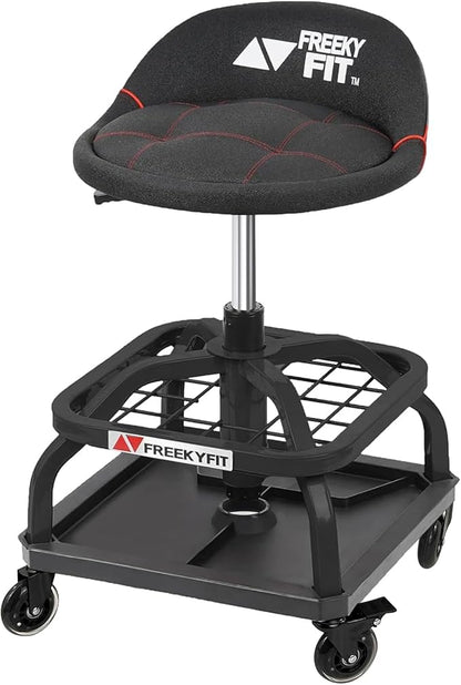 Rolling Shop Stool with Wheels, Garage Work Mechanic Stool with Backrest by FreekyFit