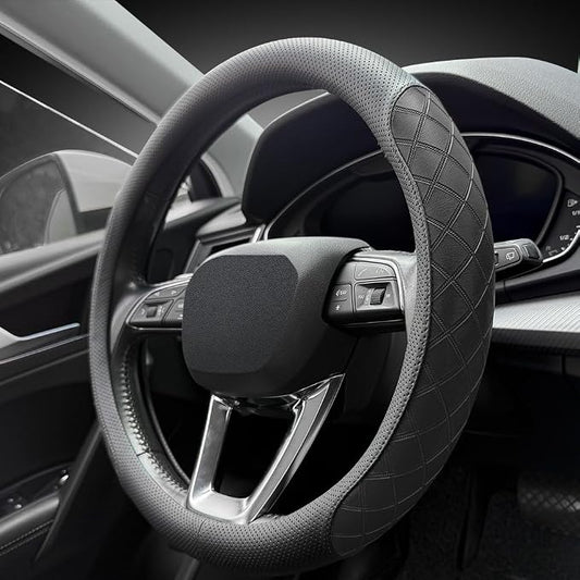 LKWLIKEI Nappa Leather Steering Wheel Cover, Elegant Diamond Checkered Design by LKWLIKEI