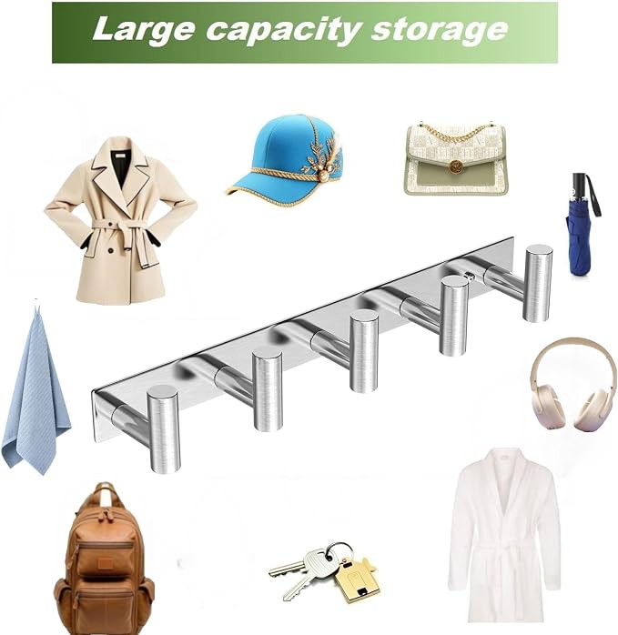 Wall Mounted Coat Rack-5 Hooks, Heavy Duty Stainless Steel Hook Rail - Image 7