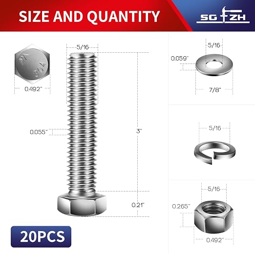 5/16-18 x 3" Hex Head Screw Bolt, Flat & Lock Washers, Fully Threaded, by SG TZH - Image 2
