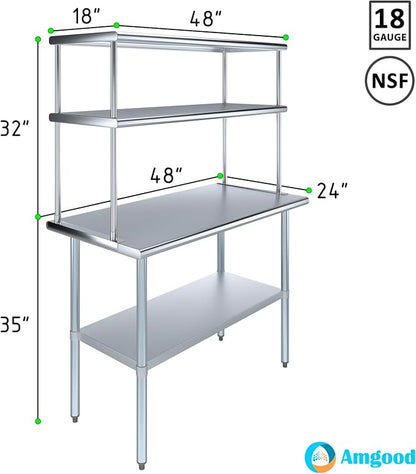 Amgood Stainless Steel Work Table Double Tier Overshelf | Metal Kitchen Prep - Image 3