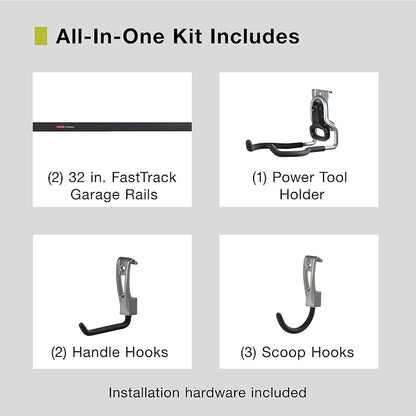 Rubbermaid Garage FastTrack 8-Piece Small Kit Black/Grey All-in-One Rail & Hook - Image 2