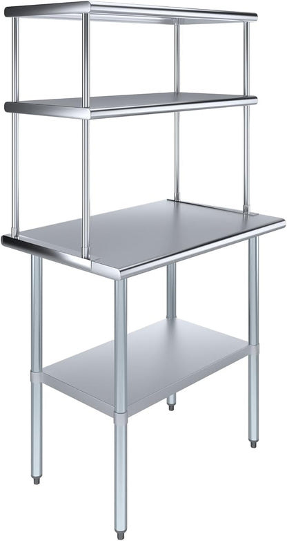 Amgood Stainless Steel Work Table Double Tier Overshelf | Metal Kitchen Prep by AmGood