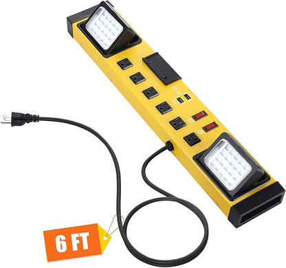6 Outlets Power Strip with LED Worklight, Metal Heavy Duty Wall Mount Workbench by Tellegloww