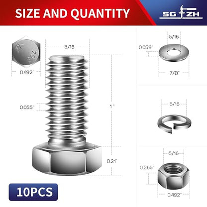 5/16-18 x 1" Hex Head Screw Bolt, Flat & Lock Washers, Fully Threaded, by SG TZH - Image 2