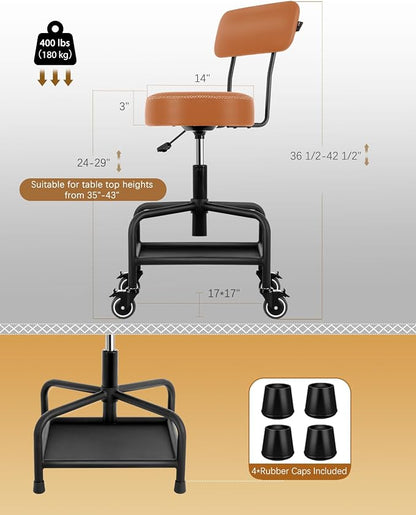 Shop Stool with Lockable Rubber Wheels Adjustable Backrest Tool Tray Storage - Image 2