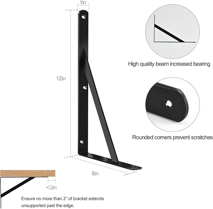 6 Pack L12 x H 8" Black Heavy Duty Shelf Brackets - Image 2