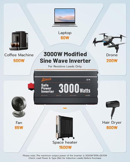 Ampeak 3000W Power Inverter, Inverter 12V to 110V Modified Sine Wave, High - Image 7