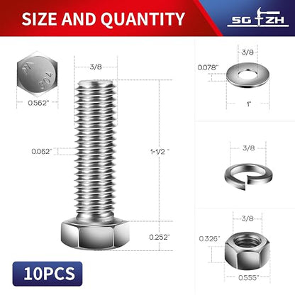 3/8-16 x 1-1/2" Hex Head Screw Bolt, Flat & Lock Washers, Fully Threaded - Image 2