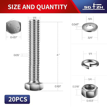 1/4-20 x 4" Hex Head Screw Bolt, Flat & Lock Washers, Fully Threaded, by SG TZH - Image 2