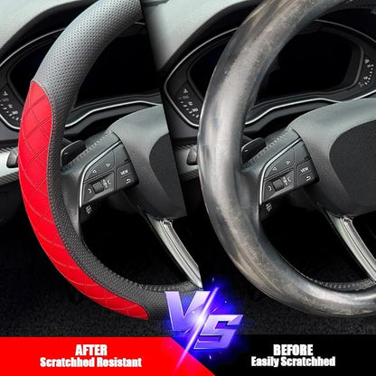 LKWLIKEI Nappa Leather Steering Wheel Cover, Elegant Diamond Checkered Design - Image 5