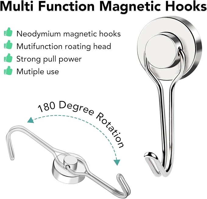 MIKEDE 12 Pack Magnetic Hooks, 40LB Heavy Duty Neodymium Magnet Hooks, Strong - Image 2