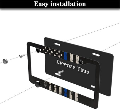 License Plate Frames Black, and Blue Car Plate Frames Thin Blue Line USA Flag - Image 7