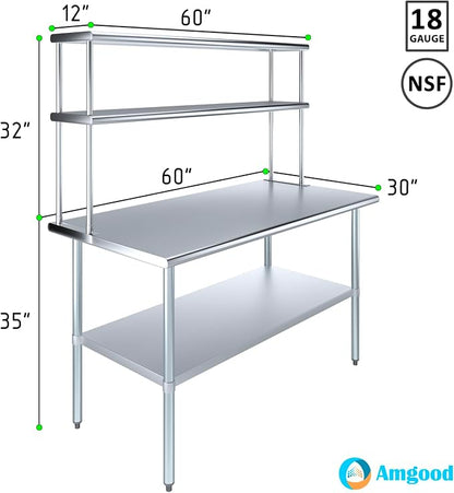 Amgood Stainless Steel Work Table Double Tier Overshelf | Metal Kitchen Prep - Image 3