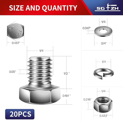 1/4-20 x 1/2" Hex Head Screw Bolt, Flat & Lock Washers, Fully Threaded - Image 2