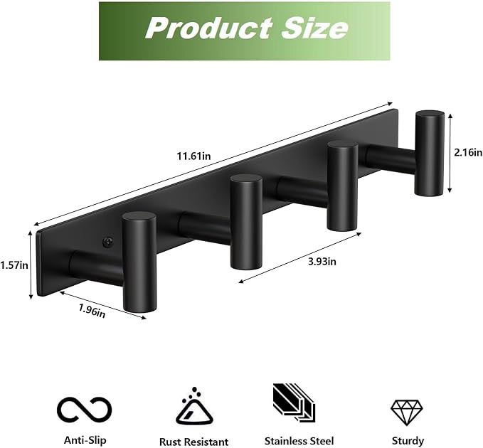Wall Mounted Coat Rack-4 Hooks, Heavy Duty Stainless Steel Hook Rail - Image 2
