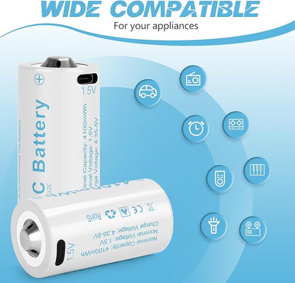 Rechargeable Lithium C Battery 4 Pack, Batteries c Size，Long Lasting1.5V C - Image 5